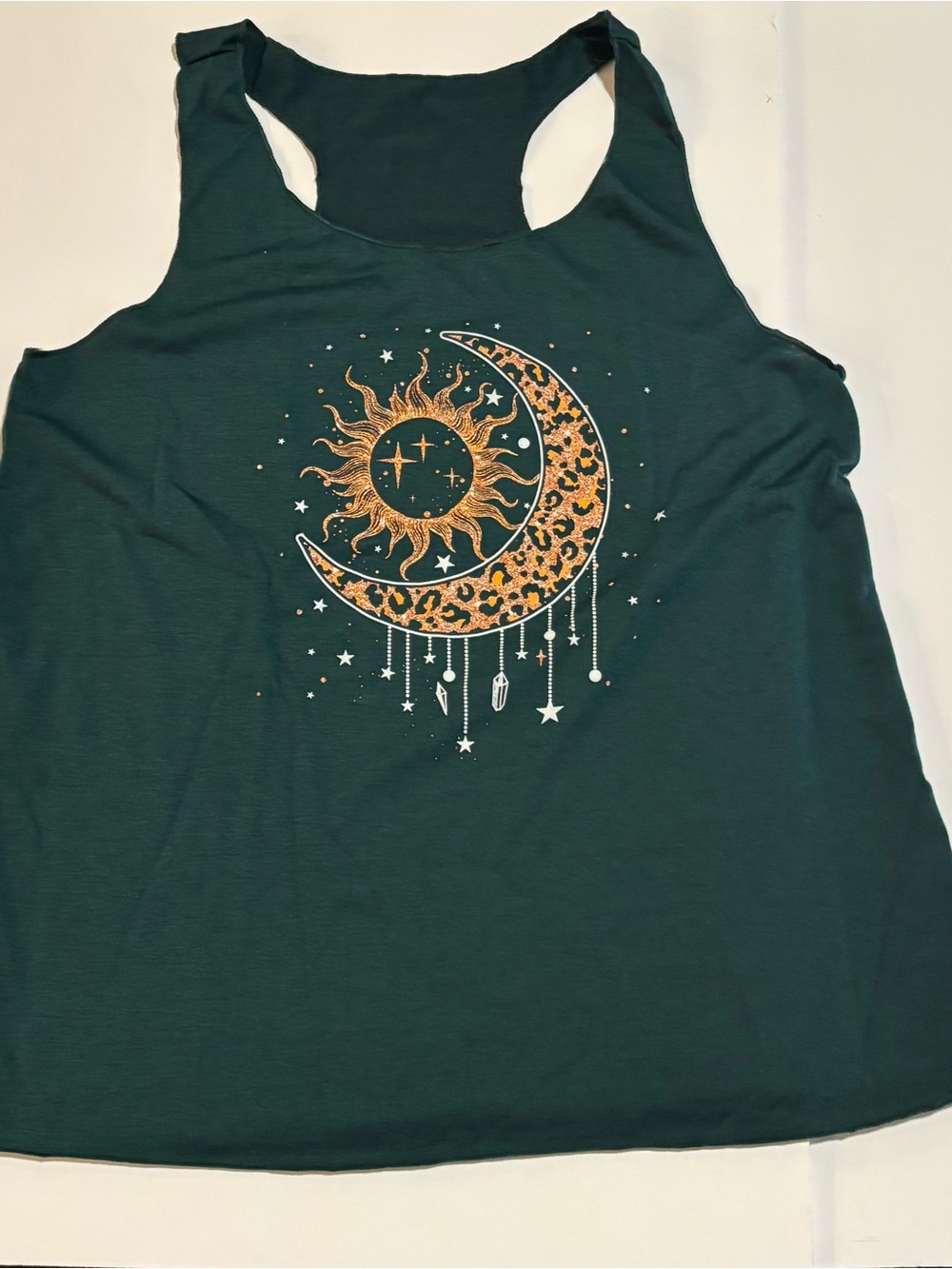 SHEIN Forest Green Racerback Tank with Gold Leopard Crescent Sun